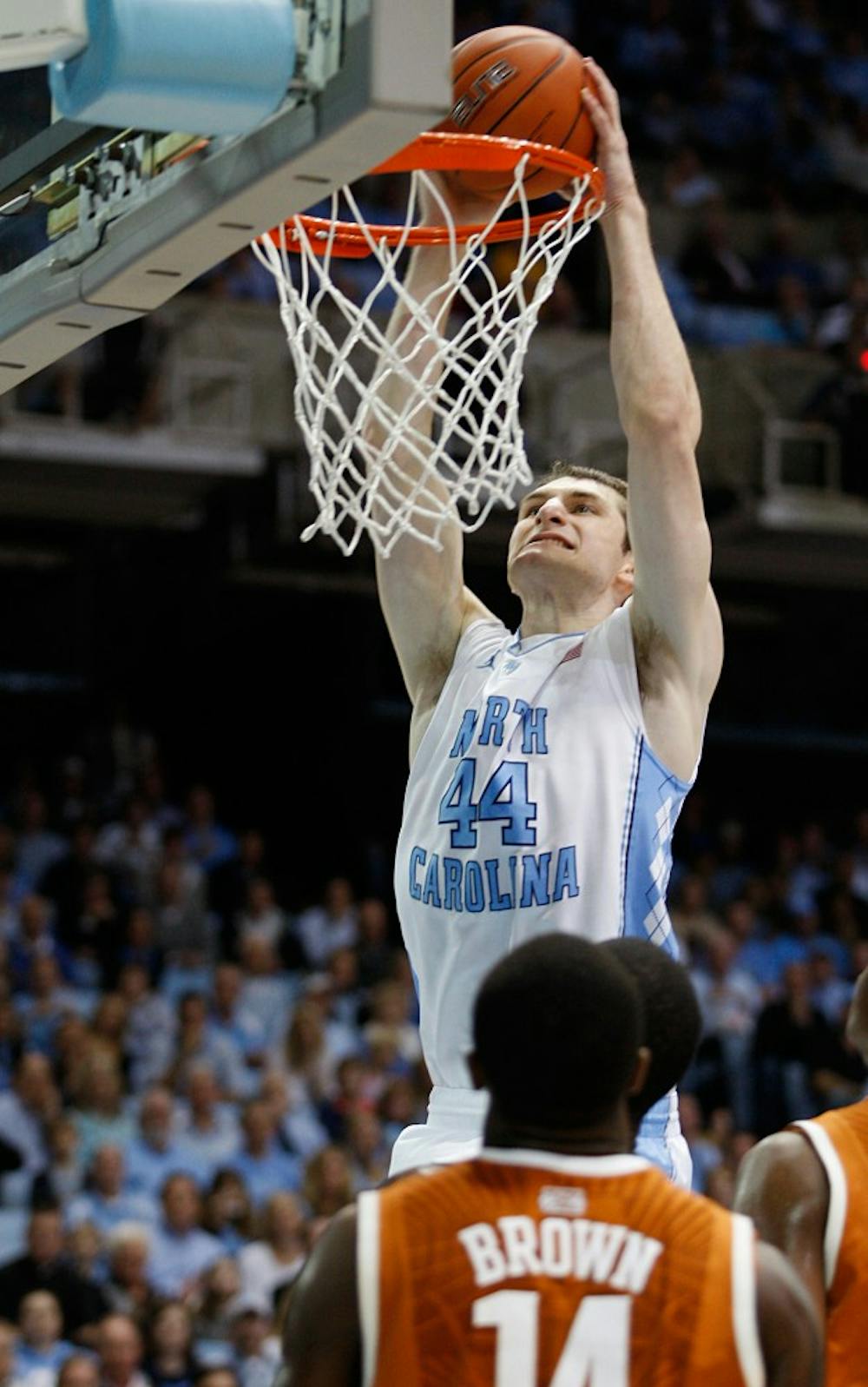 UNC forward Tyler Zeller dunks the ball during the game Wednesday at the Dean E. Smith Center. Zeller had 8 points and 2 blocks in the Tar Heels 82-63 win over Texas.