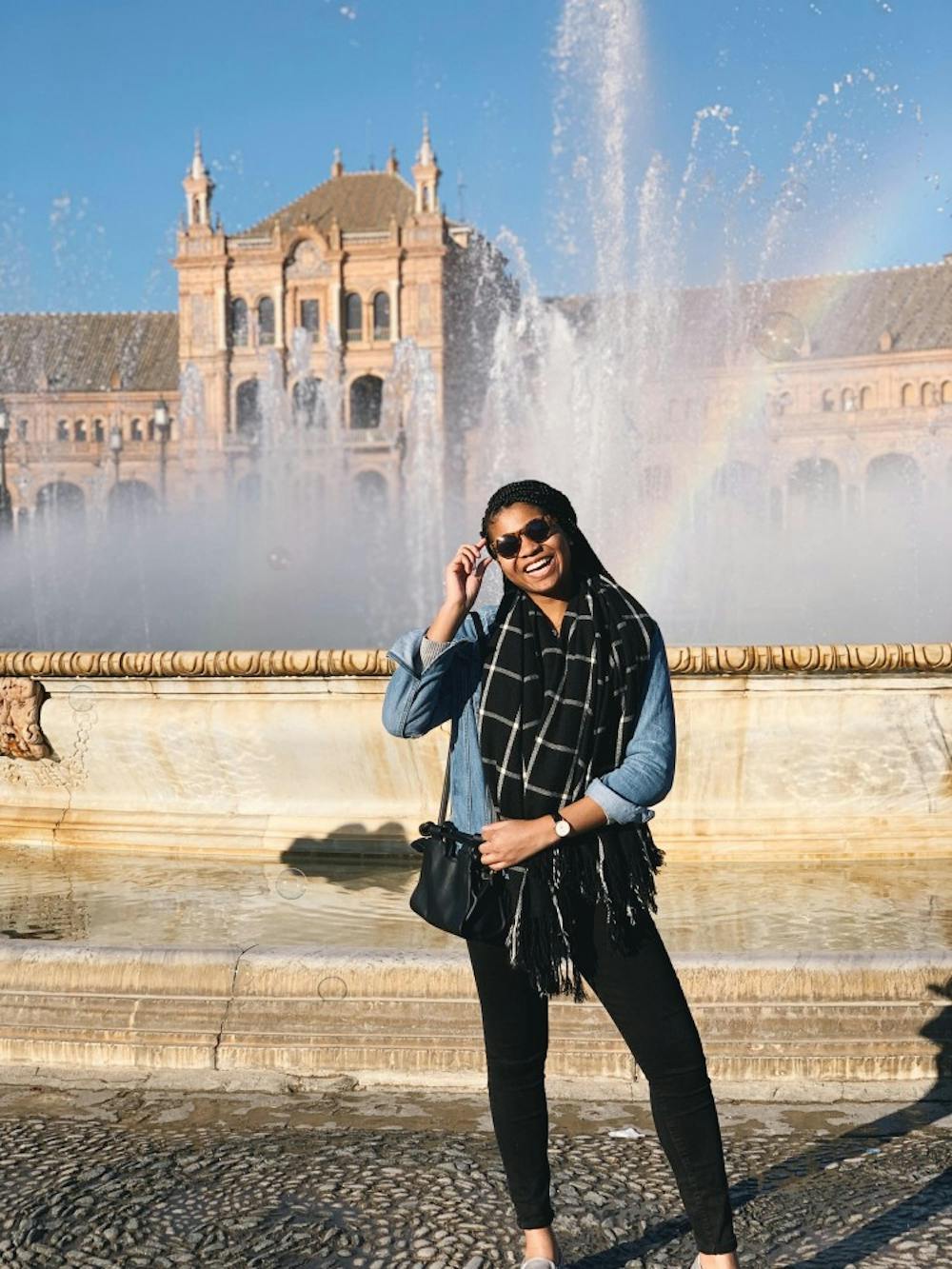 Sophomore Morehead-Cain Scholar Ruth Samuel poses in front of the Plaza de España. "Here’s me on my second day in Spain in front of the Plaza de España in Sevilla, where Game of Thrones (and I think Star Wars) has been filmed!"