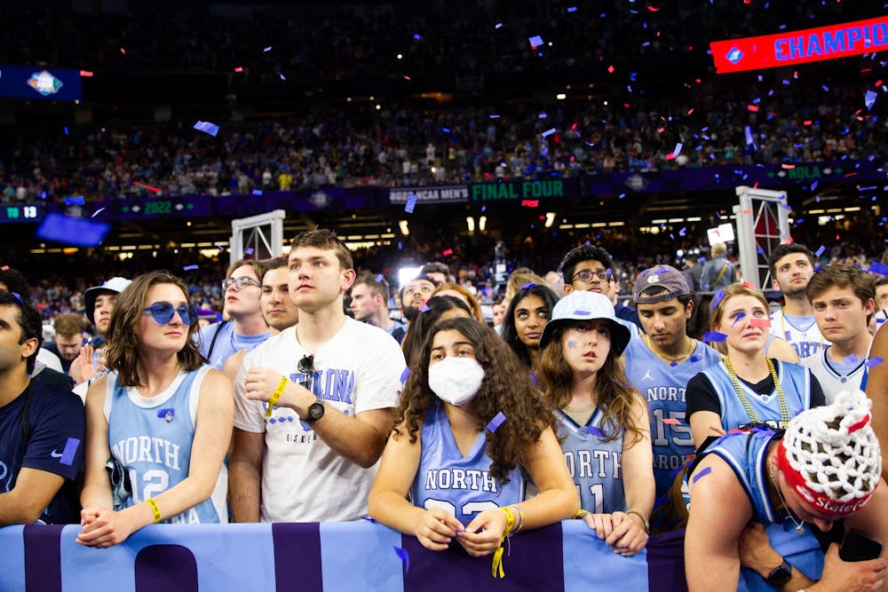 UNC students mourn a national championship loss to Kansas in New Orleans on Monday, April 4, 2022.