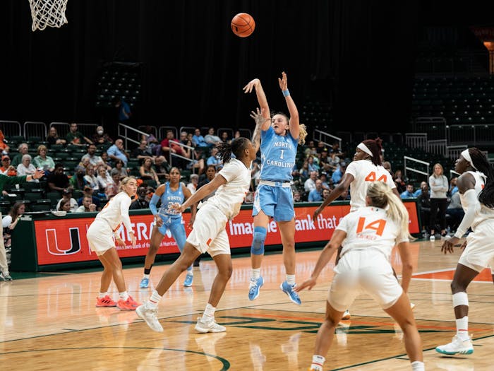 UNC junior small forward Alyssa Ustby (1) shoots a jumper in North Carolina's game at Miami on Thursday, Jan. 5, 2023. UNC fell to the Hurricanes, 62-58. Photo courtesy of UNC Athletic Communications.