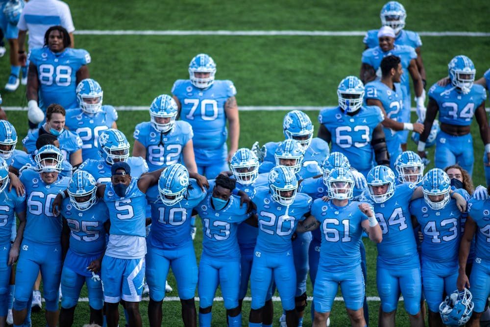 The UNC football team sings the alma mater in Kenan Stadium Oct. 24, 2020. The Tar Heels beat the Wolfpack 48-21.