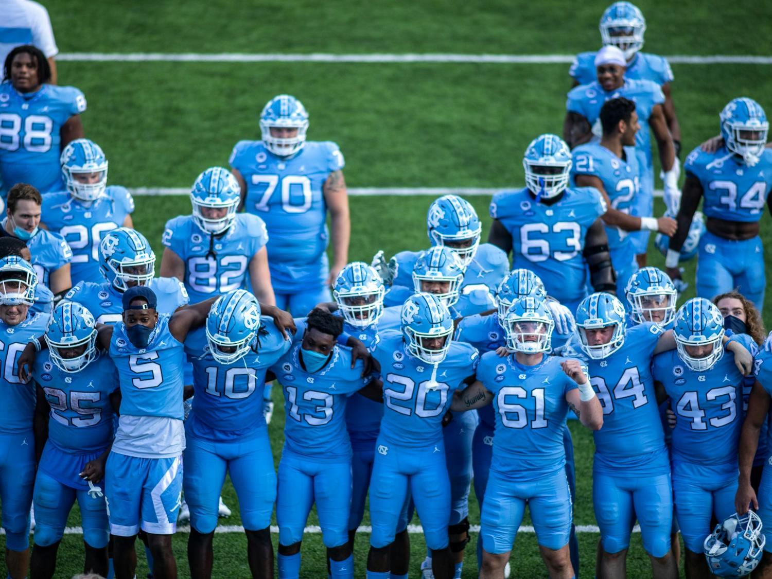 The UNC football team sings the alma mater in Kenan Stadium Oct. 24, 2020. The Tar Heels beat the Wolfpack 48-21.