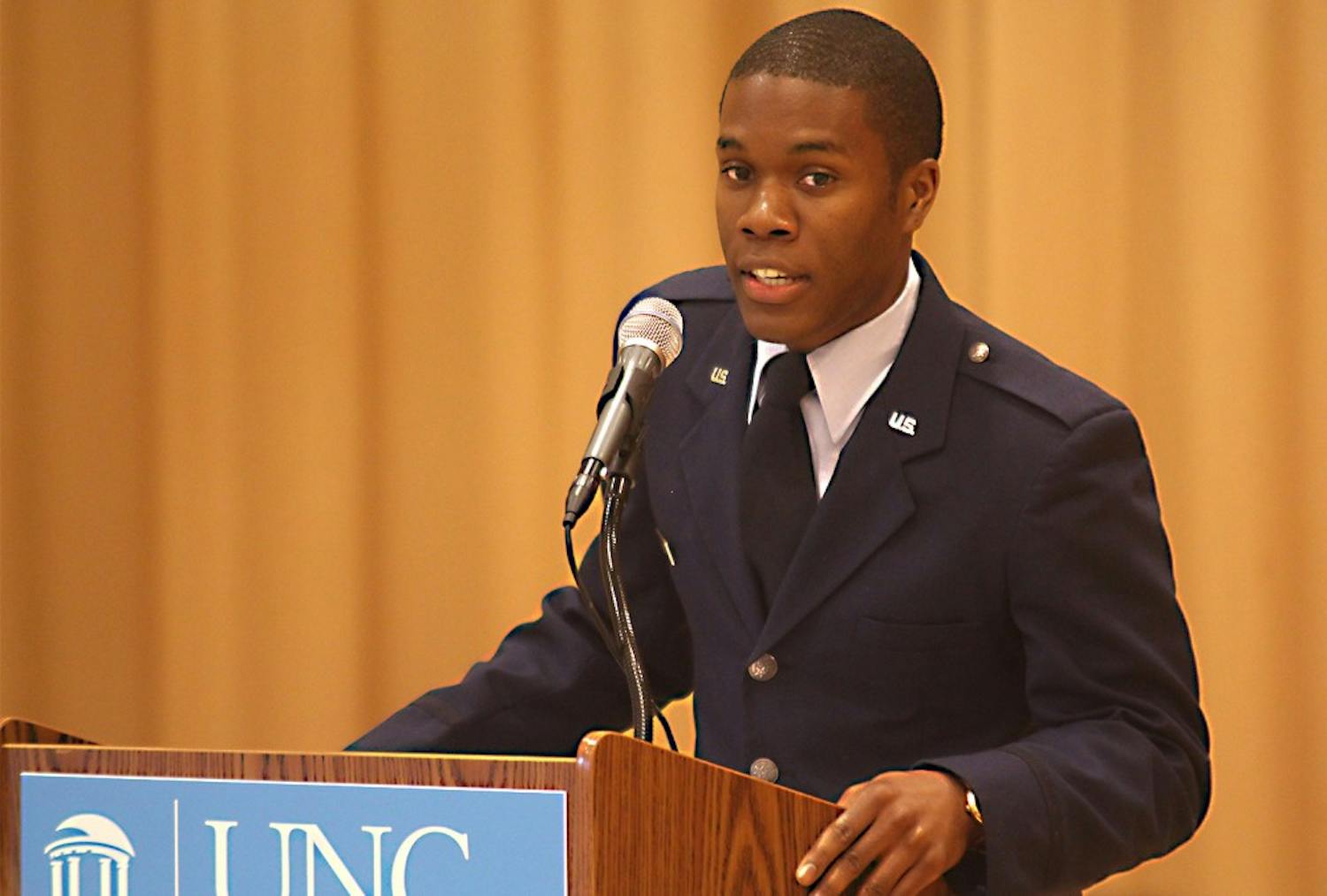 Cadet Micah Paulson gave the opening remarks at the inaugural military graduation. 