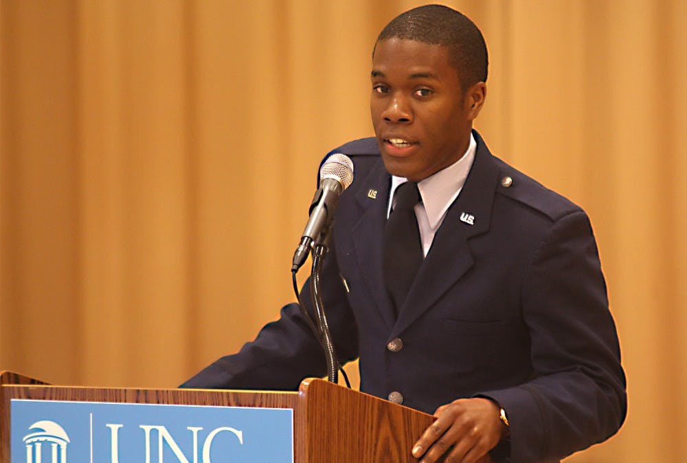 Cadet Micah Paulson gave the opening remarks at the inaugural military graduation. 