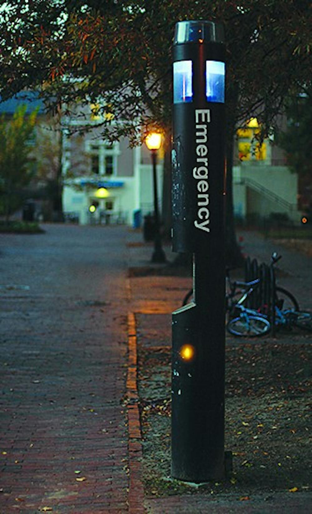 Emergency stations are located in various locations around campus.