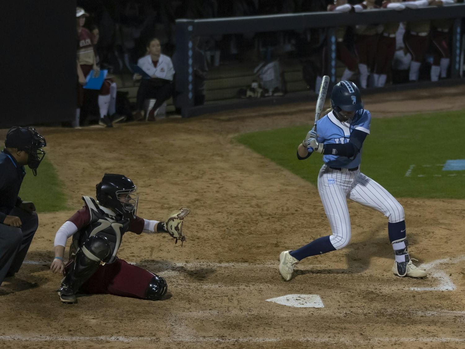 UNC redshirt junior Kianna Jones (44) prepares to hit the ball during a home game against Elon University at Anderson Stadium on Wednesday, Feb. 15, 2023. UNC won to 9-5.