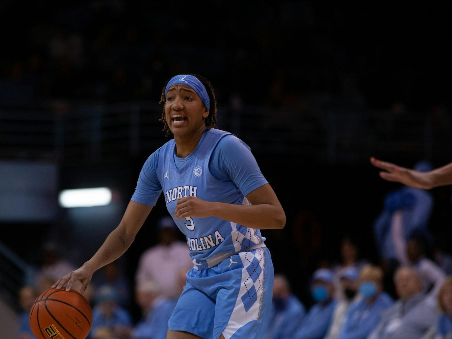 UNC junior guard Kennedy Todd-Williams (3) communicating with her teammates during the women's basketball game against the NC State Wolfpack in Carmichael Arena on Sunday, Jan. 15, 2023.