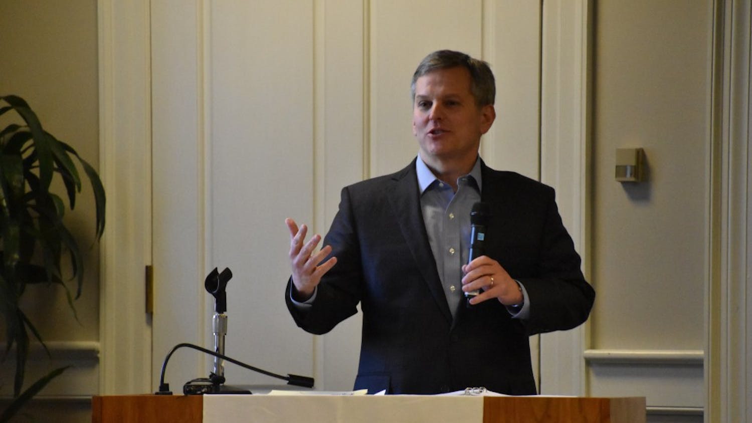 North Carolina Attorney General Josh Stein delivers a talk at UNC on Thursday afternoon about problems that affect college campuses.&nbsp;