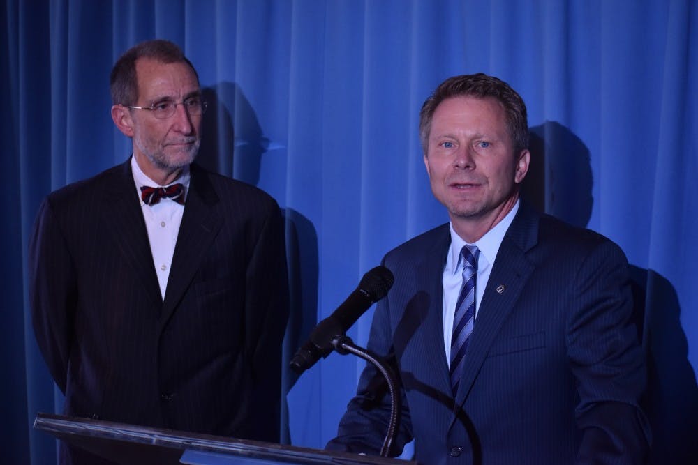 <p>Interim UNC-Chapel Hill Chancellor Kevin Guskiewicz and interim UNC-system President Bill Roper address Guskiewicz's goals for this academic year and their mission for UNC's future at the Carolina Inn on Thursday, Feb. 7, 2019.&nbsp;</p>