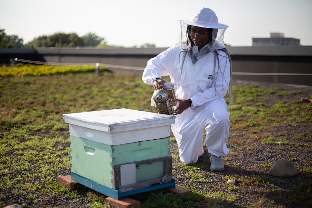 Junior biochemistry major Adrienne Lambert demonstrates how to use a smoker on a beehive on Monday, Aug. 23, 2021. Lambert is the president of the Carolina Beekeeping Club.