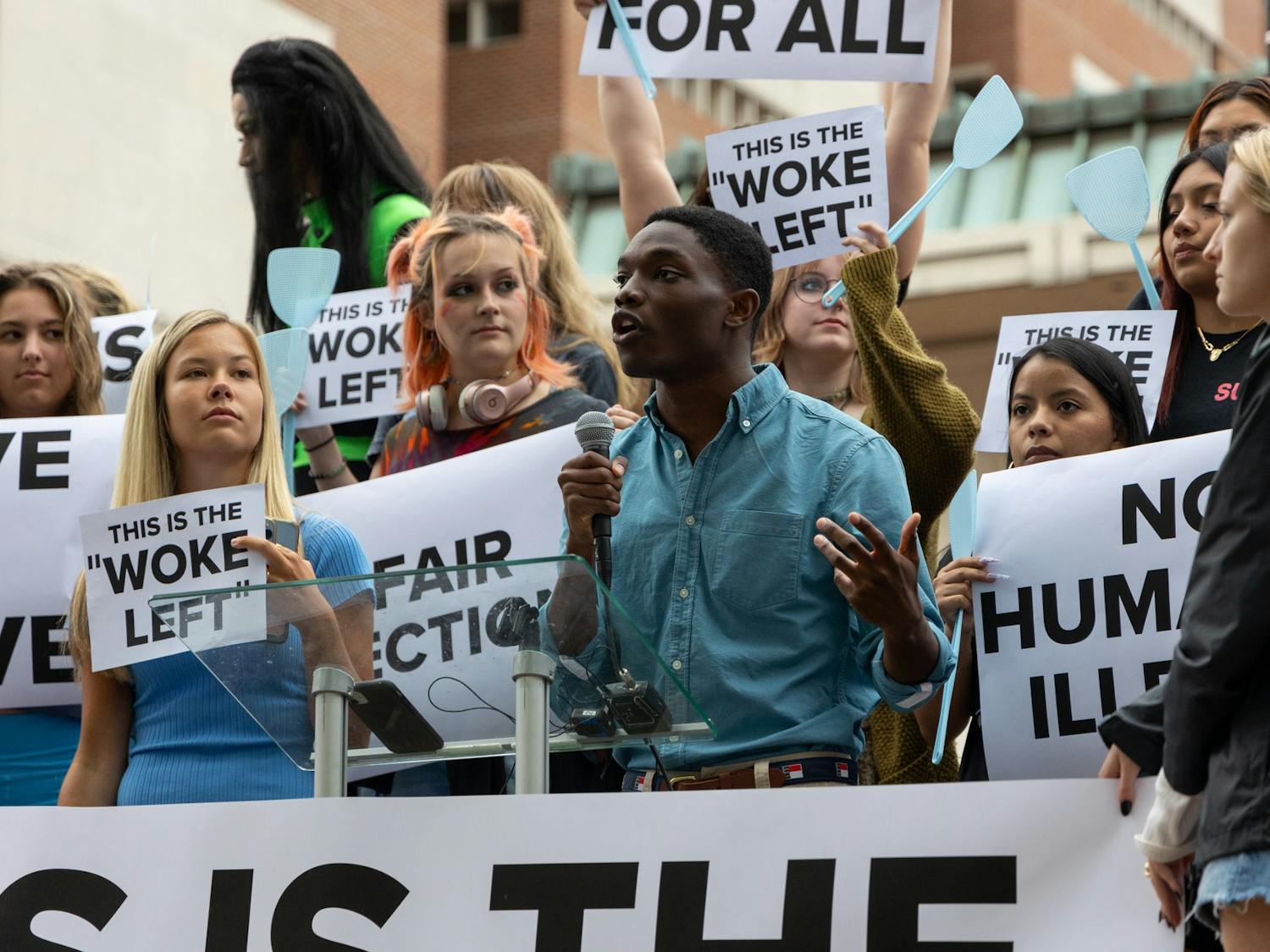 UNC Young Democrats’ president, T.J. White, speaks during a protest against the visitation of former Vice President Mike Pence in the Pit on April 26, 2023, in Chapel Hill, N.C.
