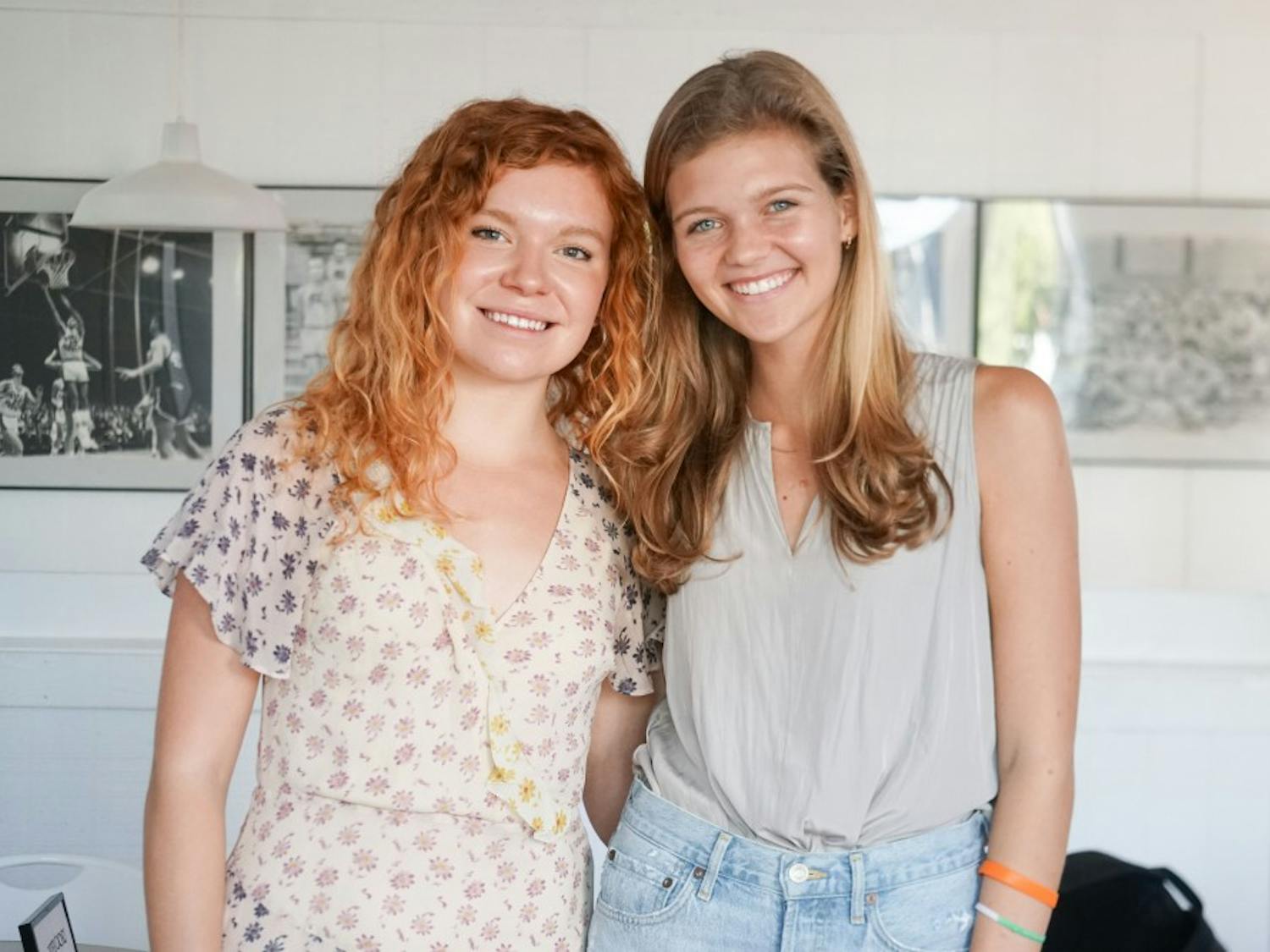 Sophomore Caroline Ciaramitaro (left), a business administration major, and junior Carlyle Rickenmann, a double major in advertising and political science, pose for a portrait on Thursday, Sept. 26, 2019. They are co-presidents of the Female Quotient club at UNC Chapel Hill that meets at 1789 Venture Lab.