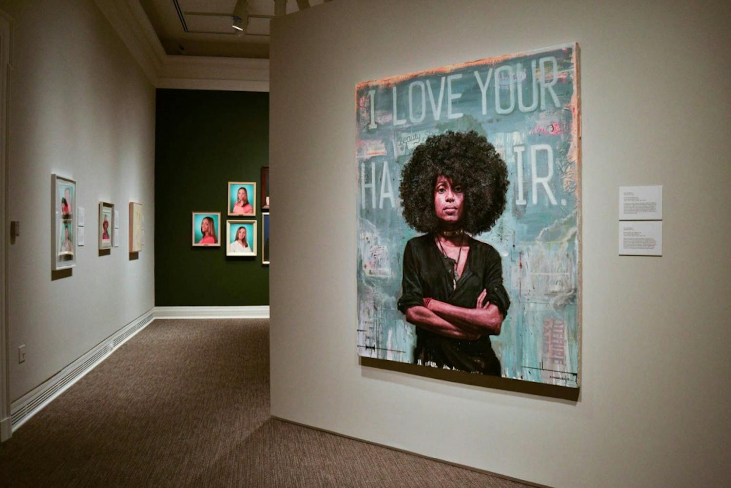 Tim Okamura's "I Love Your Hair". Oil and mixed media on canvas, 2013. Okamura explores mixed media art to portray his love of hip-hop and create a sense of urban identity.