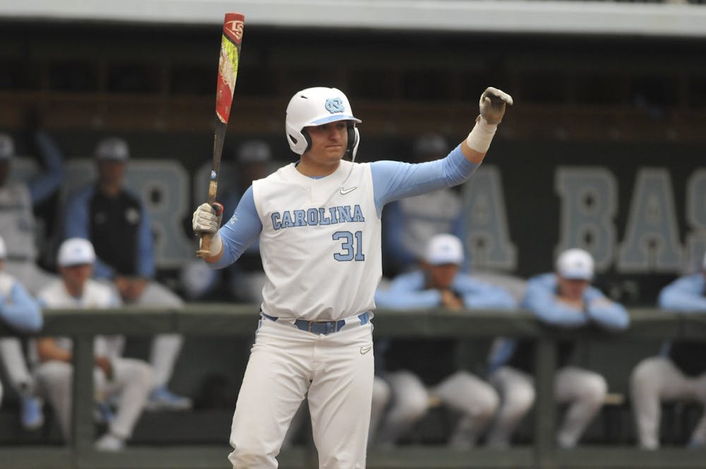 UNC junior pitcher Joey Lancellotti (31) prepares to bat at the Boshamer Stadium on Sunday, Feb. 16, 2020. UNC won against Middle Tennessee with a score of 5-4.