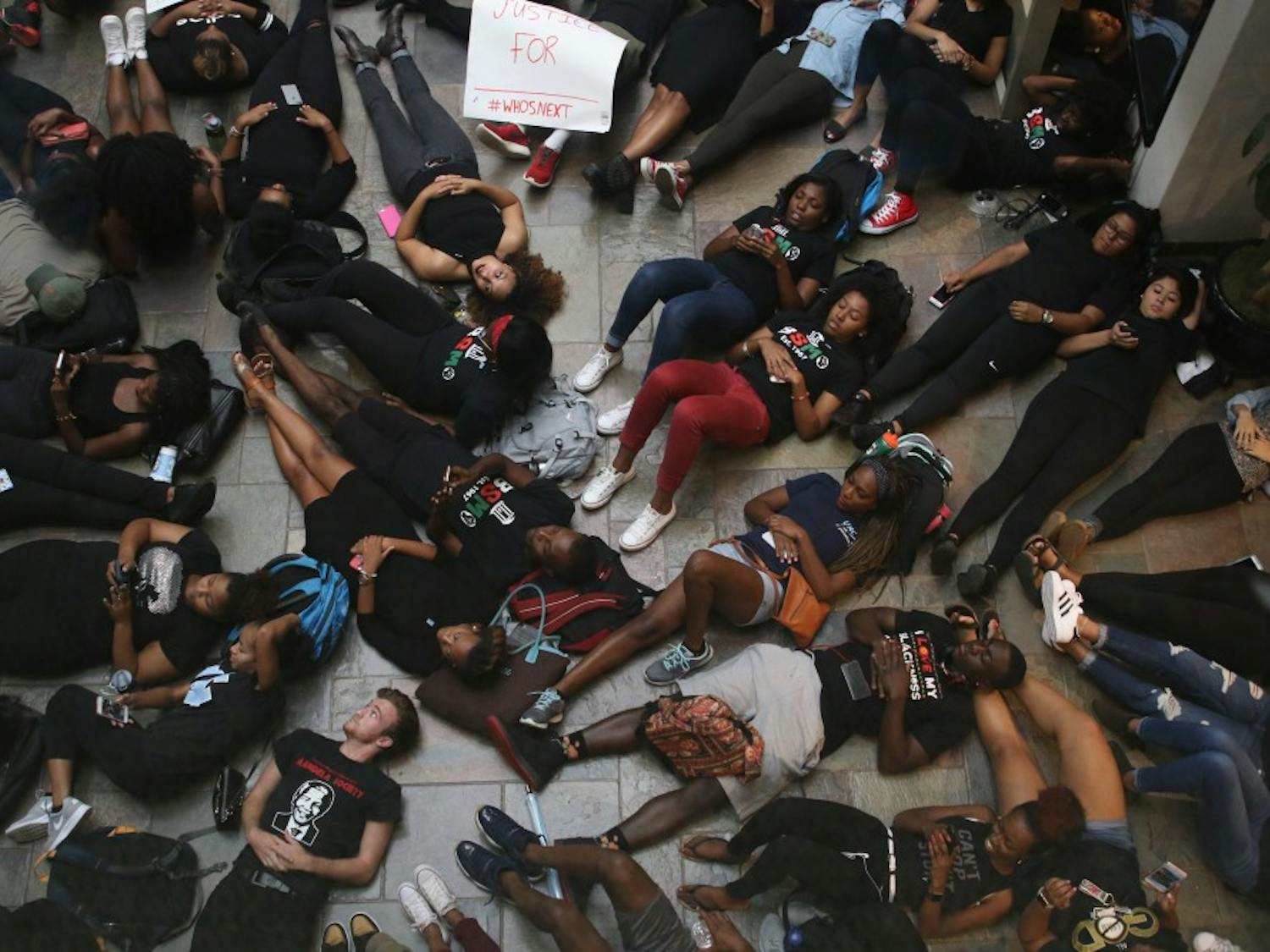 Students staged a die-in in the Student Union today in response to the demonstrations going on in Charlotte.