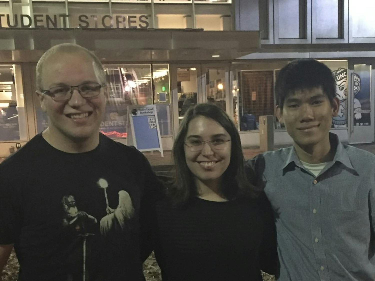 (From left) Alec Niccum, Alex Patmore Marquez and Alan Cat, members of the UNC sci-fi club TARDIS, pose outside Student Stores.