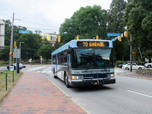 Chapel Hill Transit bus drives through the intersection of South Road and Columbia Street on Sunday, Aug.14, 2022.