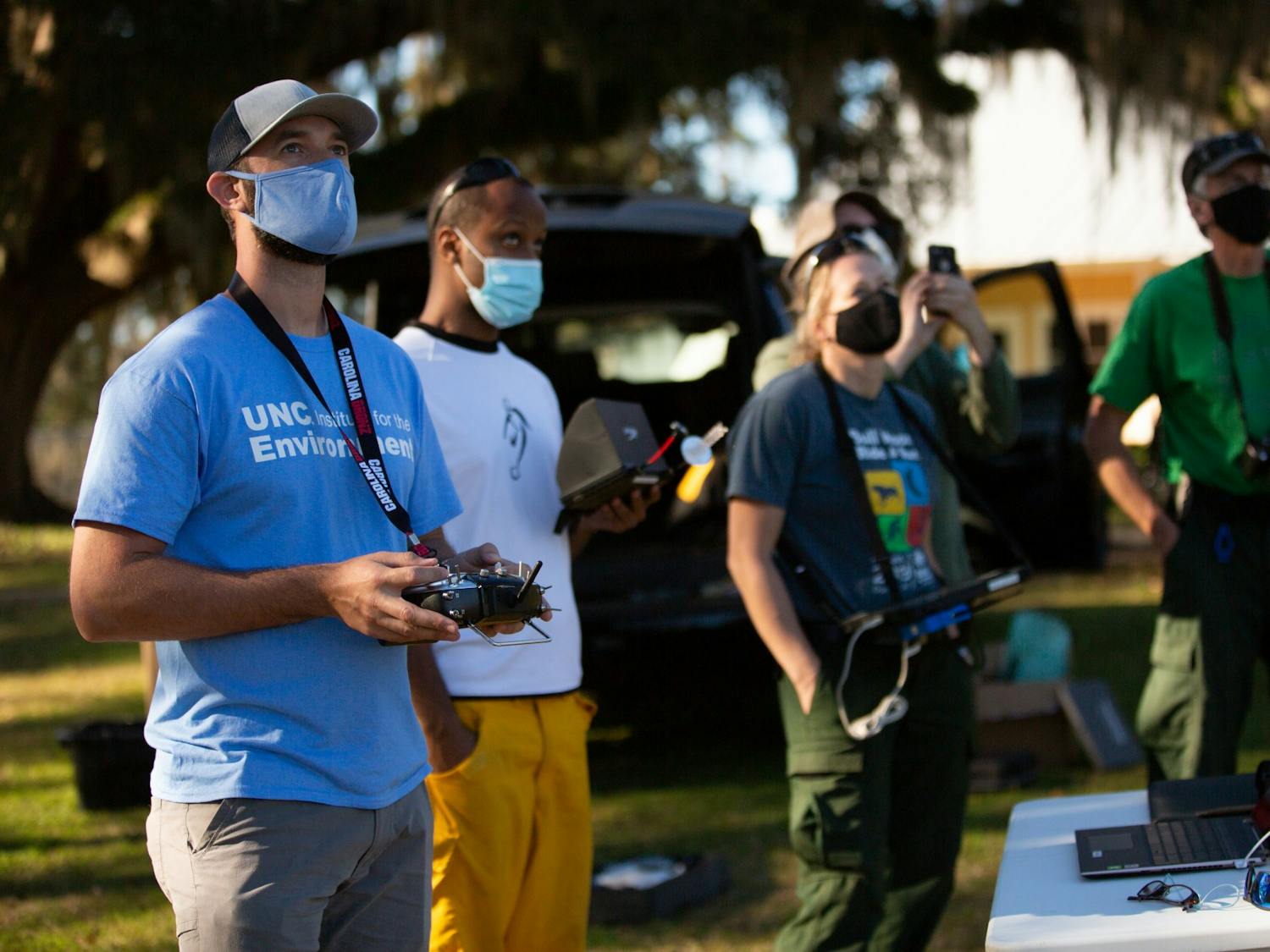 Troy Walton, lab manager for the Carolina Drone Lab, controls a drone. Photo courtesy of Peggy Mullin/Carolina Drone Lab.