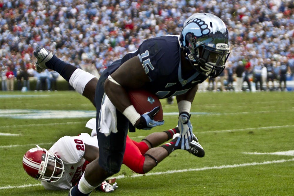 A.J. Blue dives towards the end zone during the second half.