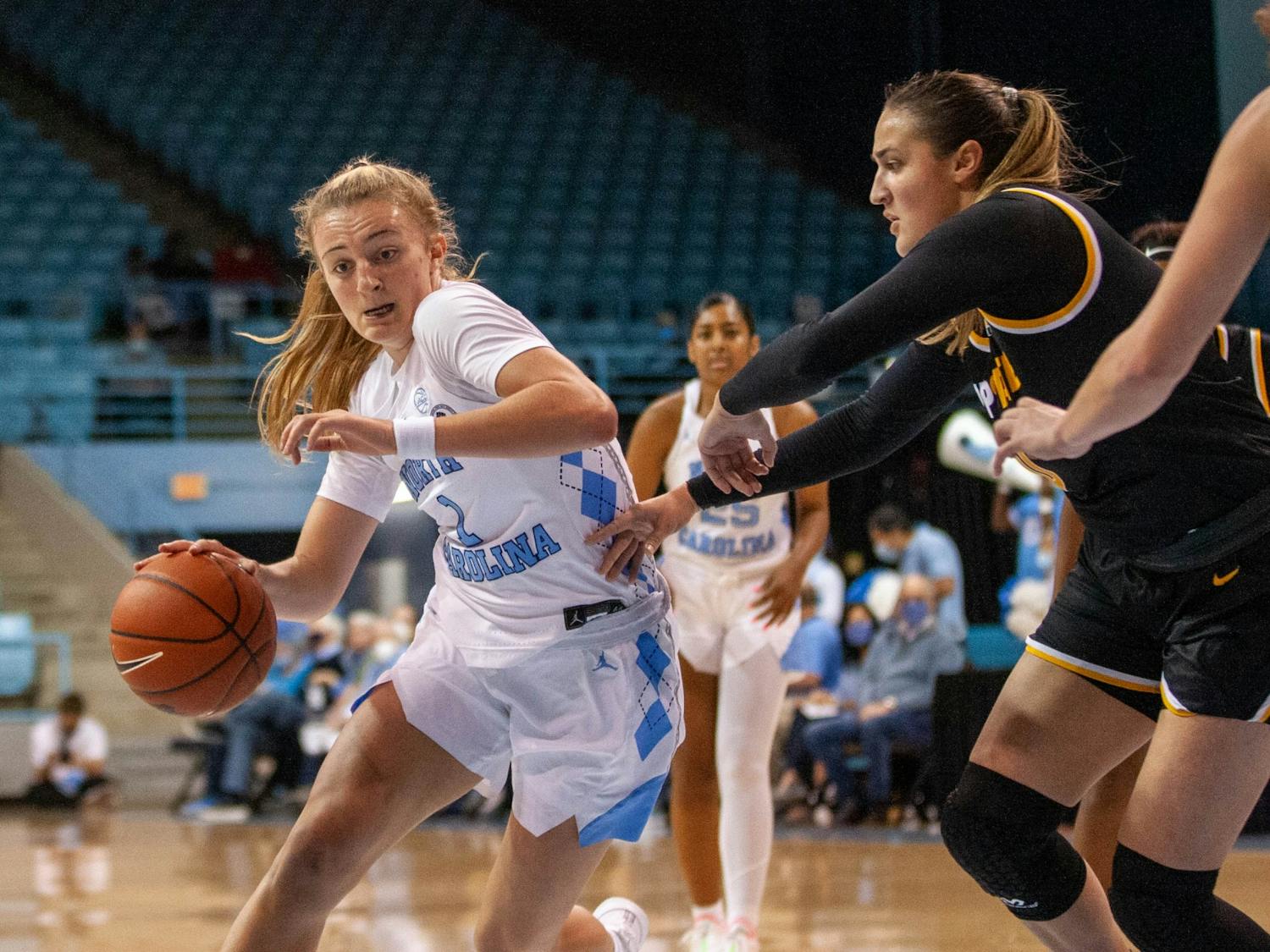 UNC graduate guard Carlie Littlefield (2) attempts to shoot the ball during the game against Appalachian State at Carmichael Arena on Nov. 17.