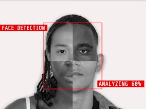 Le Ha, Toluwanimi Dapo-Adeyemo, Kezia Kennedy, and Adam Sherif, first-year students at UNC, pose for facial detection by artificial intelligence.