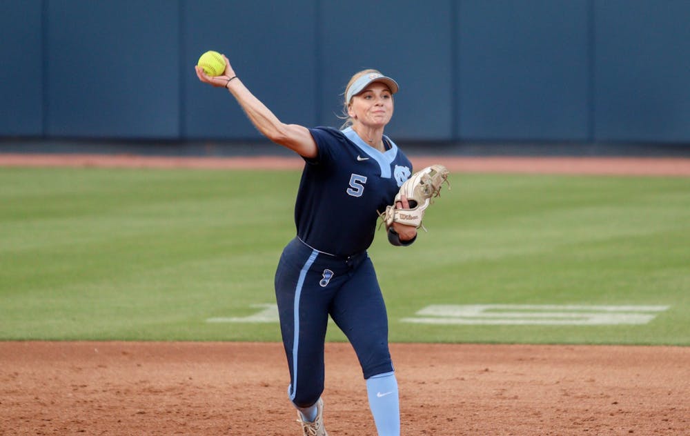 First year utility player Alex Brown (5) throws the ball towards first base in a home game against NC Central. UNC won 8-0 against North Carolina Central University on Wednesday, April 20, 2022.