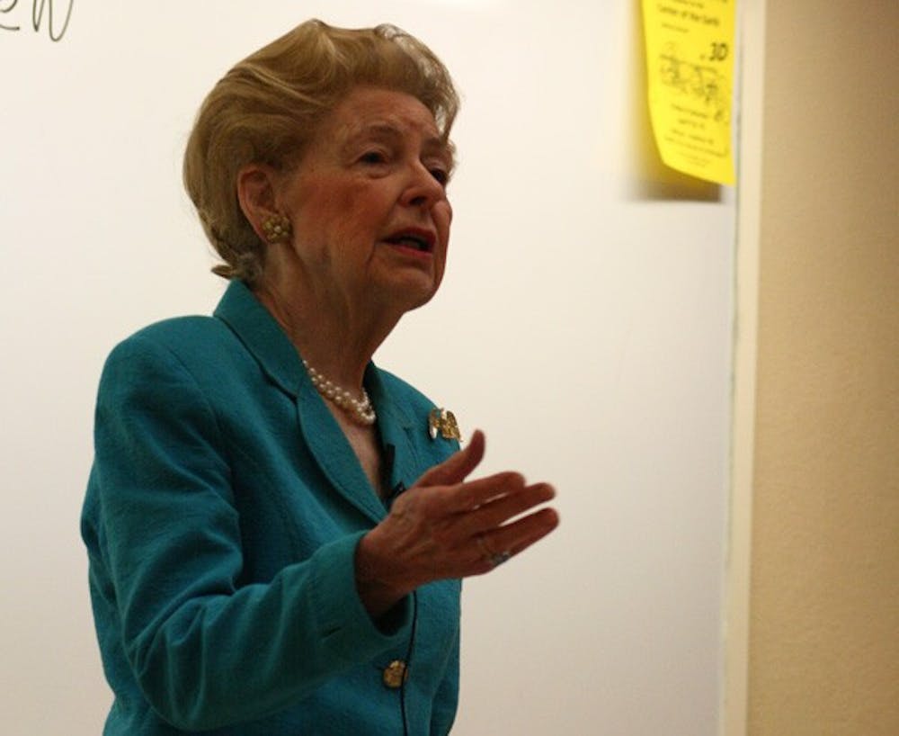 Phyllis Schlafly, president of the volunteer policy-making Eagle Forum, speaks Monday at Howell Hall. DTH/Duncan Culbreth