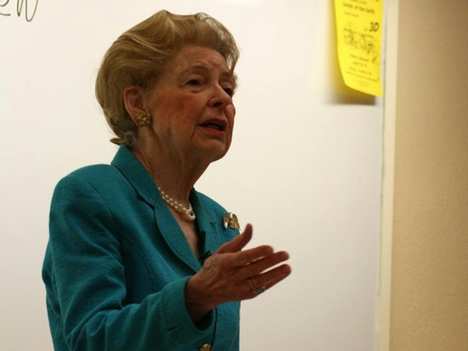 Phyllis Schlafly, president of the volunteer policy-making Eagle Forum, speaks Monday at Howell Hall. DTH/Duncan Culbreth
