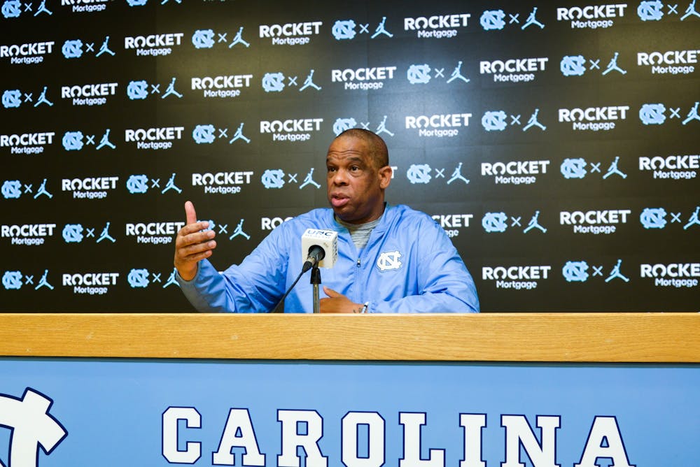 Head coach of the North Carolina Men's Basketball team Hubert Davis speaks at the press conference ahead of the NCAA tournament on March 15, 2022 at the Smith Center.