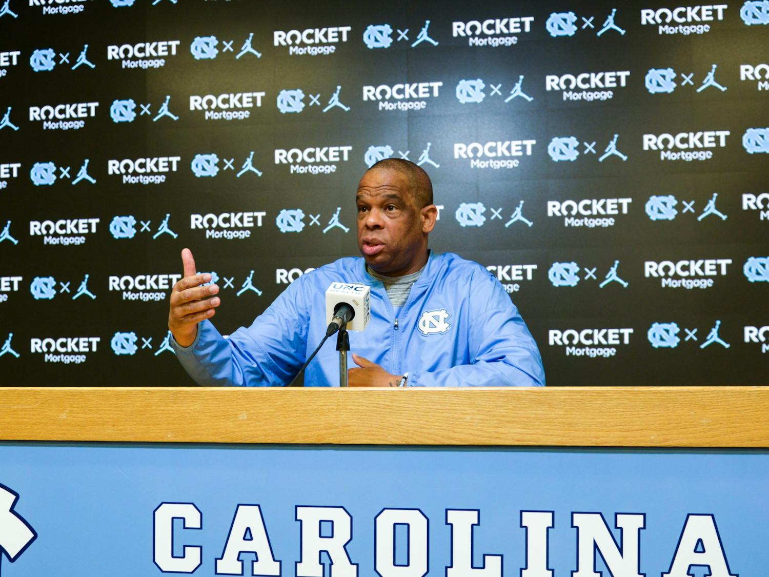 Head coach of the North Carolina Men's Basketball team Hubert Davis speaks at the press conference ahead of the NCAA tournament on March 15, 2022 at the Smith Center.