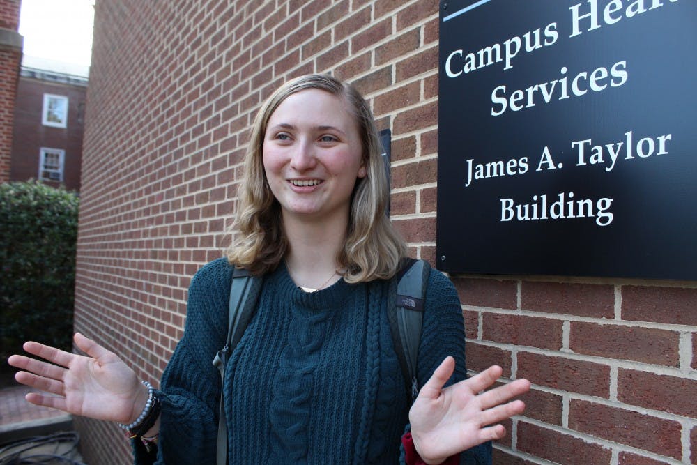 <p>Eleanor Murray, a first-year public policy and global studies major, at the James A. Taylor Building, where Counseling and Psychological Services is located, on Tuesday, Jan. 8, 2019. &nbsp;"As someone who did not realize I had mental health issues, it was helpful and resourceful and I felt supported while trying to find a therapist," Murray says of her experience with CAPS. Murray would recommend CAPS and likes the multiple treatment options offered at CAPS.</p>