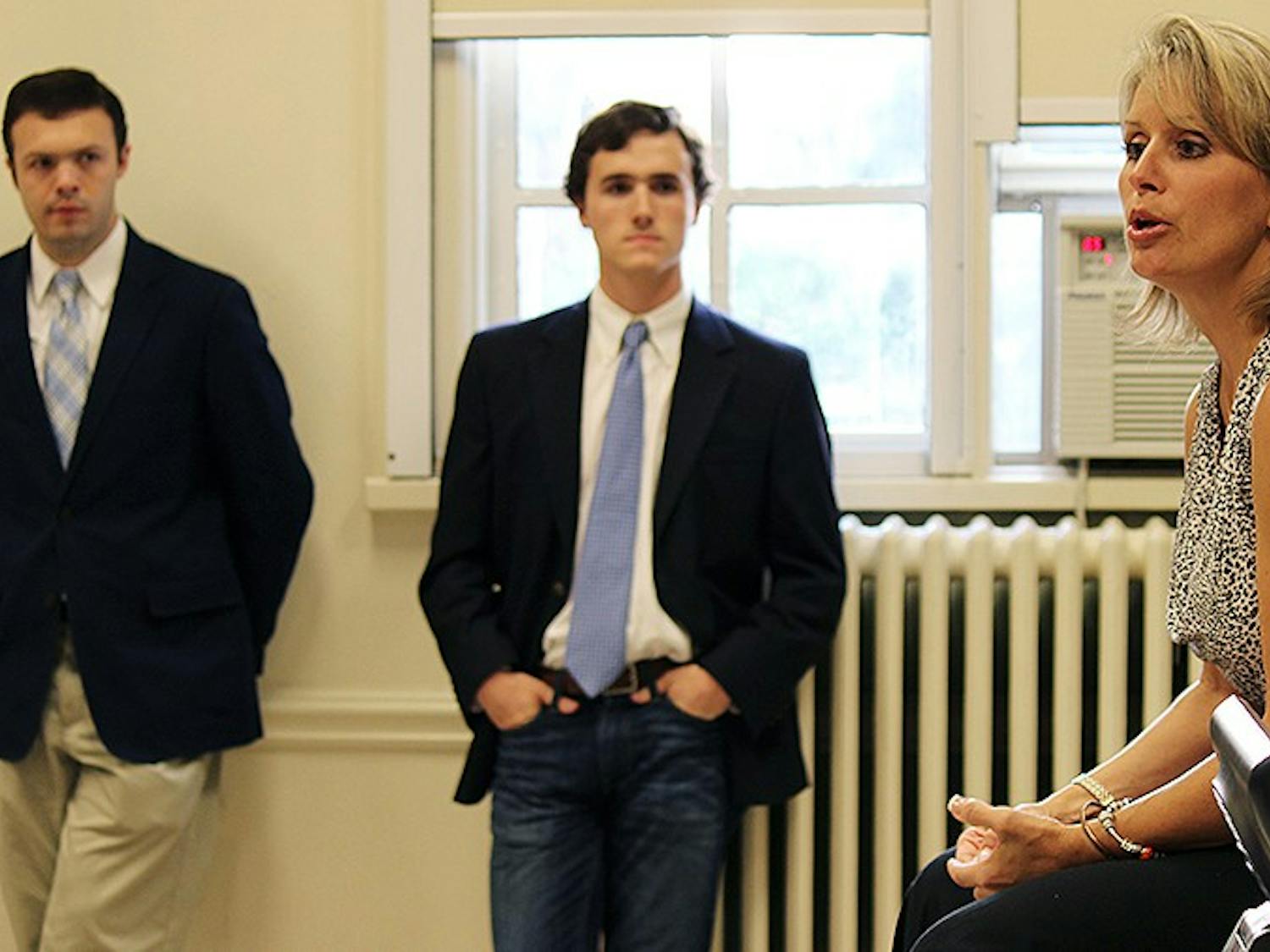 Congresswoman Rene Ellmers who Represents the 2nd District in North Carolina in the House of Representatives gives a speech to UNC College Republicans on Monday night in Bingham Hall.Peter N. McClelland (right) Political Science/ History MajorBenjamin Smith (left) Political Science/ History Major