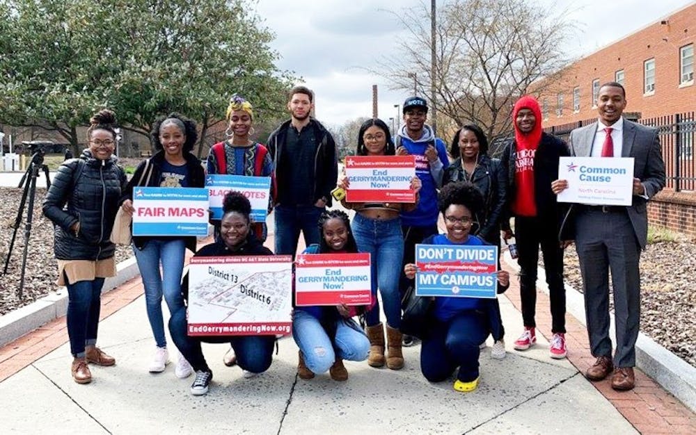 Students at NC A&T State University on Mar. 26, 2019, the same day the U.S. Supreme Court heard oral arguments in Common Cause v. Rucho, challenging partisan gerrymandering of North Carolina’s congressional districts. The challenged map divided the campus of NC A&T State University into two different congressional districts. Photo courtesy of Bryan Warner. 