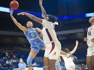 Stephanie Watts attempts a layup during a game against Alabama during the NCAA Tournament in San Antonio, Texas on Monday, March 22, 2021. UNC fell to Alabama 71-80. Photo courtesy of Dana Gentry. 