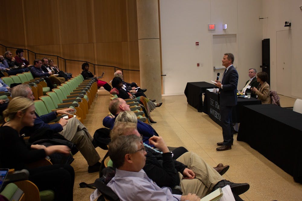 Interim Chancellor Kevin Guskiewicz gave updates about the University at the meeting of the Faculty Council and the General Faculty in Genome Sciences Building on Friday, March 8, 2019.  He discussed the naming of the Adams School of Dentistry, campaign events, the General Education Curriculum and diversity.