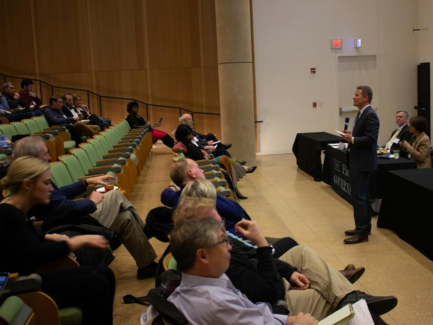 Interim Chancellor Kevin Guskiewicz gave updates about the University at the meeting of the Faculty Council and the General Faculty in Genome Sciences Building on Friday, March 8, 2019.  He discussed the naming of the Adams School of Dentistry, campaign events, the General Education Curriculum and diversity.