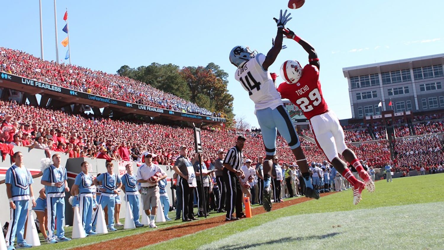 	Wide Receiver Quinshad Davis (14) catches UNC’s first touchdown of the game against N.C. State.
