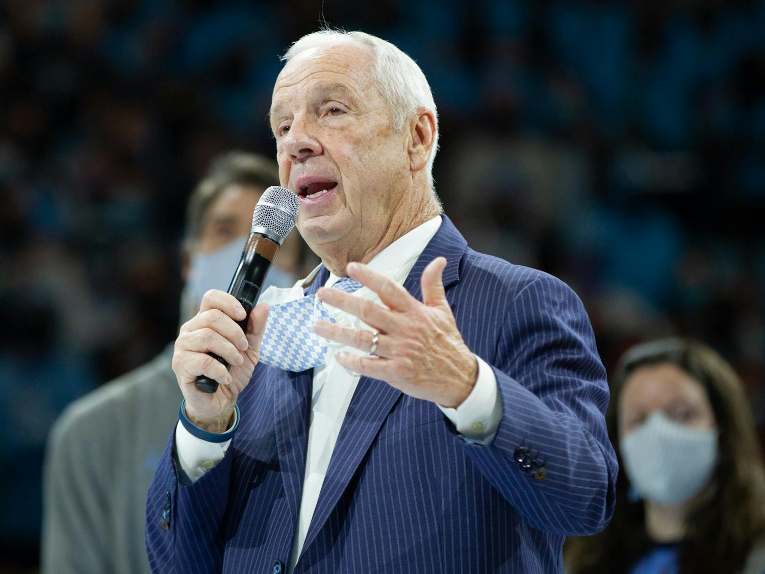 Former head coach of the North Carolina men’s basketball team Roy Williams was honored at the game against NC State at the Smith Center on Jan. 29, 2022. The 1982 National Championship team was also honored during a timeout. The Tar Heels beat rivals NC State 100-80.&nbsp;