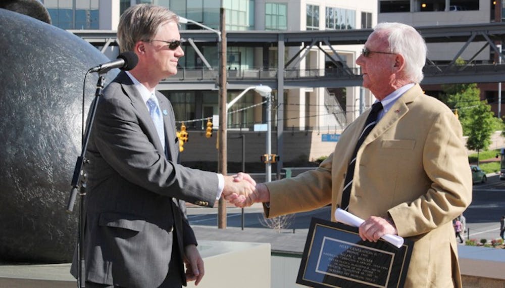 	<p>Holden Thorp shakes hands with <span class="caps">UNC</span> alumna Dr. Hugh A. McAllister Jr. who donated $10 million to <span class="caps">UNC</span> for the Ackland Art Museum  and the School of Medicine.</p>