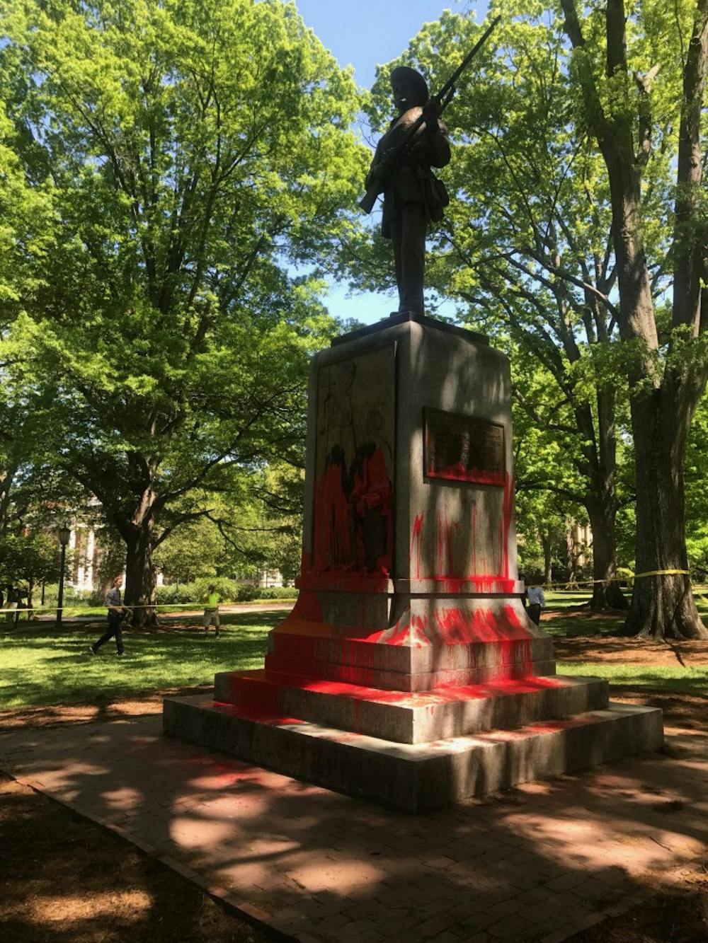 <p>UNC doctoral student Maya Little was arrested by UNC Police for painting the Confederate monument Silent Sam red on Monday afternoon.</p>
