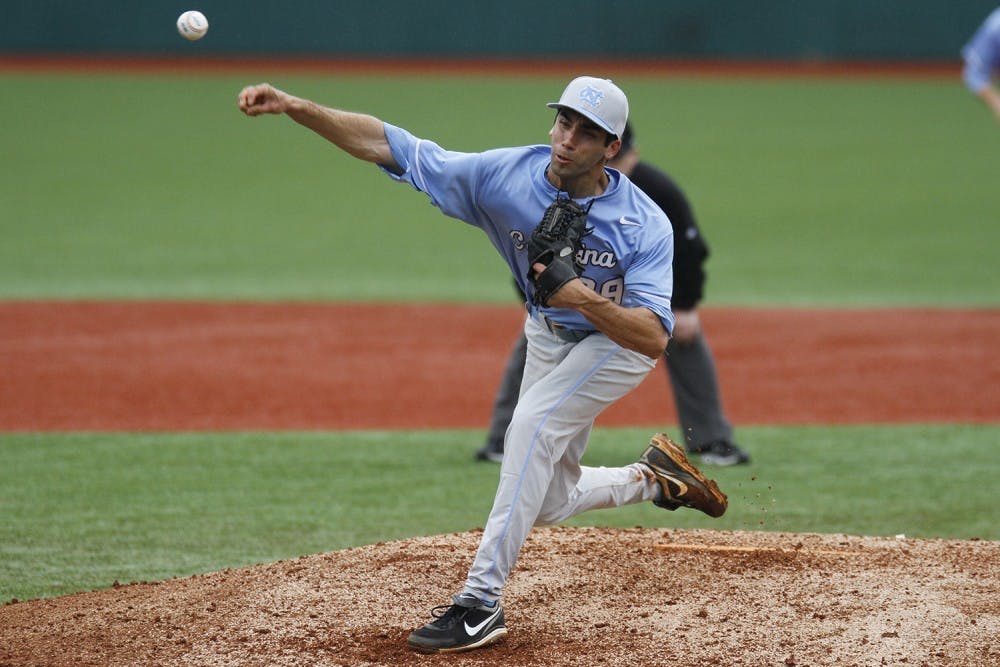 UNC pitcher Benton Moss (39) delivers a pitch in the game against Duke on Saturday. Carolina was defeated by the Blue Devils in their three game series 3-0 at Jack Coombs Field in Durham, NC. 