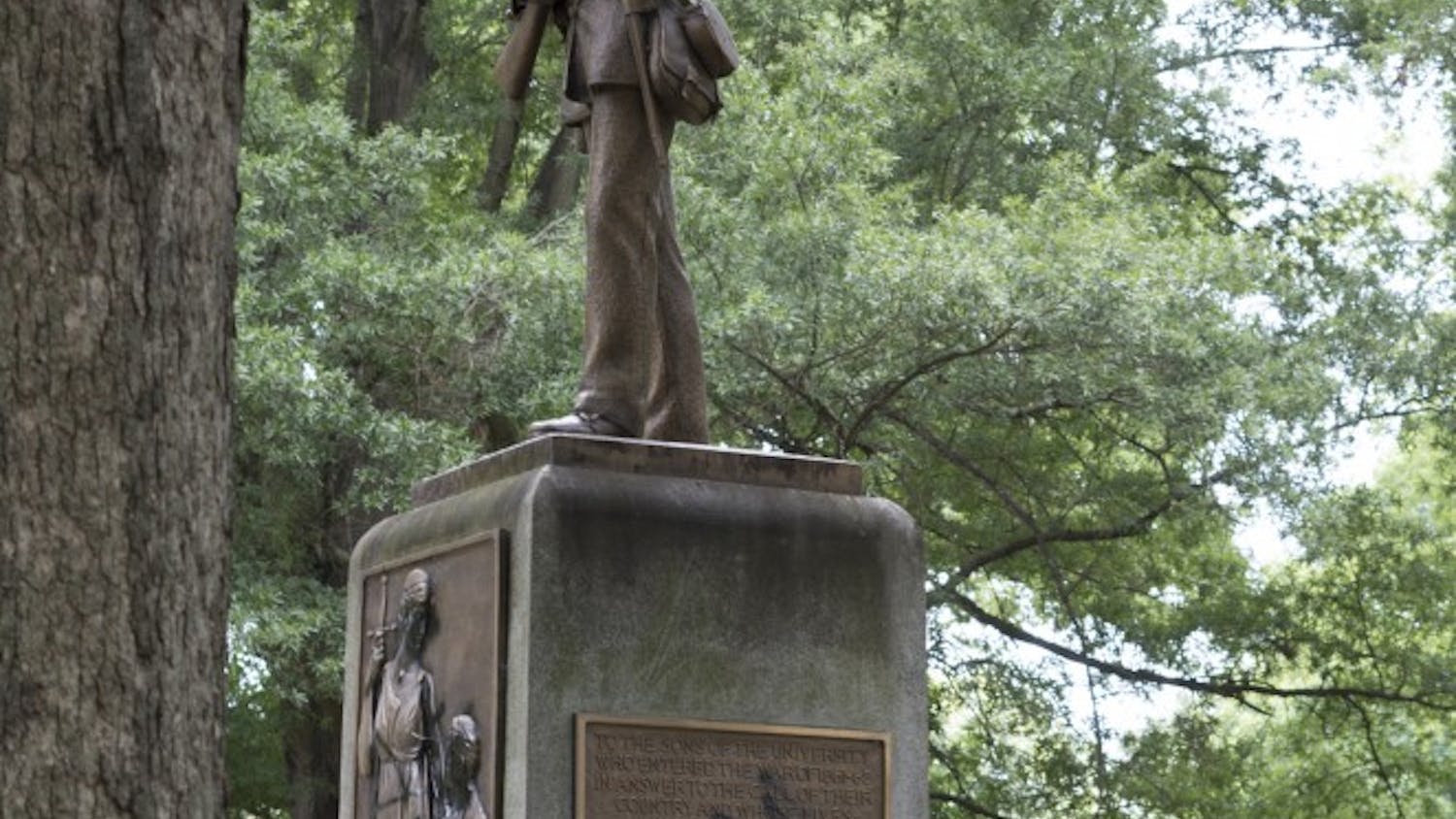 The Silent Sam memorial, bearing the words "black lives matter."
