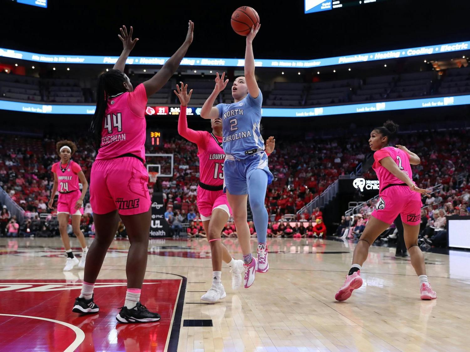 UNC first-year guard Paulina Paris shoots a layup against Louisville. UNC lost 62-55. Photo courtesy of UNC Athletic Communications.