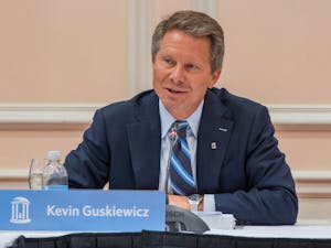 Interim Chancellor Kevin Guskiewicz speaks at the final UNC Board of Trustees (BOT) meeting of the year at the Carolina Inn on Thursday, Nov. 21, 2019.