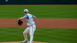 Junior pitcher Max Carlson (35) throws the ball during the baseball game against Stony Brook on Friday, March 13, 2023, at Boshamer Stadium. UNC beat Stony Brook 3-2.