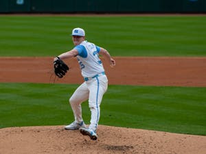 Junior pitcher Max Carlson (35) throws the ball during the baseball game against Stony Brook on Friday, March 13, 2023, at Boshamer Stadium. UNC beat Stony Brook 3-2.