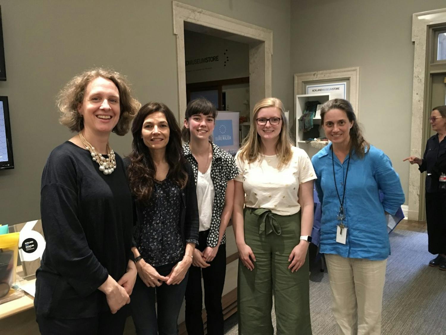 From left to right, Katie Lindner, Joanneke Elliott, Sara Elliott, Maura Kitchens, and Beth Mueller, all event organizers of Europe Week at UNC. Photo by Grant Peet.