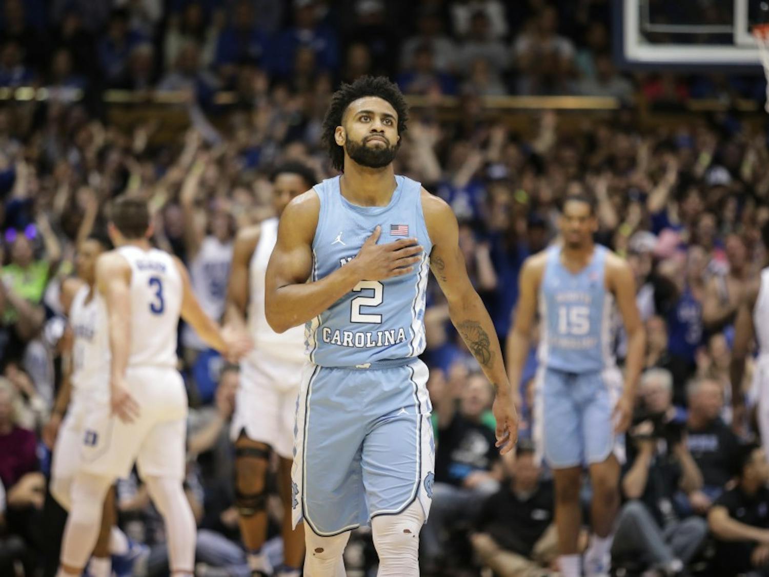North Carolina guard Joel Berry II (2) walks off the floor after UNC's loss to Duke on March 3.