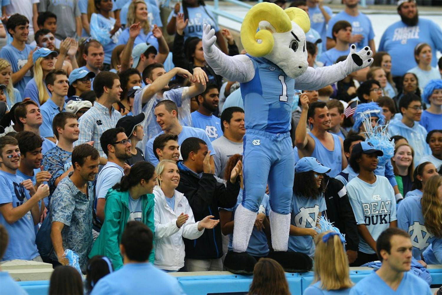 Rameses joins the student section to help pump up the crowd at a football game in 2015.&nbsp;