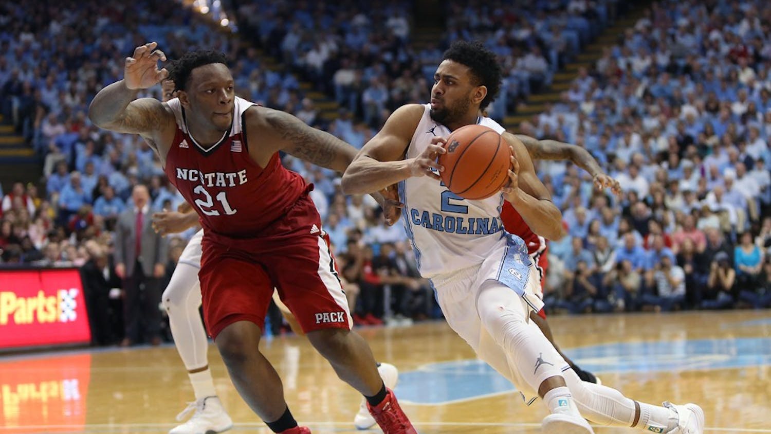Guard Joel Berry II (2) drives toward the basket during the game against N.C. State in the Smith Center on Saturday, Jan. 16. 2016. UNC beat N.C. State 67-55.&nbsp;